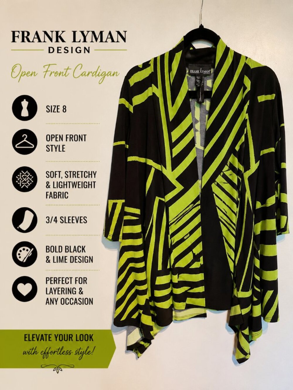 Frank Lyman Design Open Front Cardigan Jacket Lime Green Black Geometric size 8